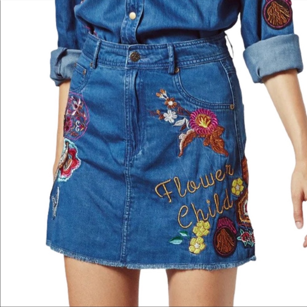 Spell & the Gypsy Collective Flower Child Denim Skirt Embroidered Patchwork